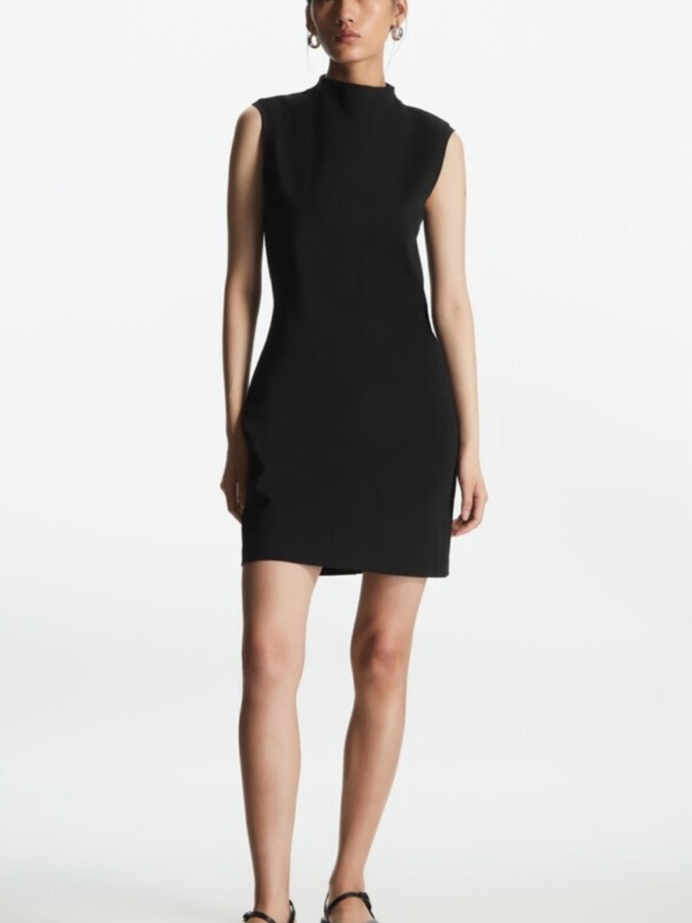 COS Quiet Luxury Black Minimalist Mock Neck Fitted Mini Sleeveless Pencil Dress